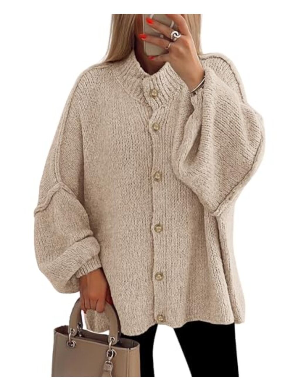 Oversized Chunky Knit Button Down Cardigan Sweater with Mock Neck
